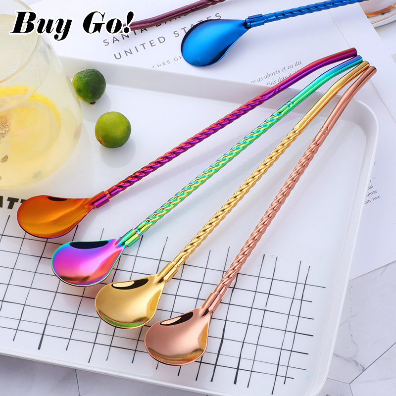 Bar Spoon Twisted - 1PC ยาว Twisted ช้อนทองแบบพกพาชา Reusable สีหลอดสแตนเลสค็อกเทลช้อนกาแฟ