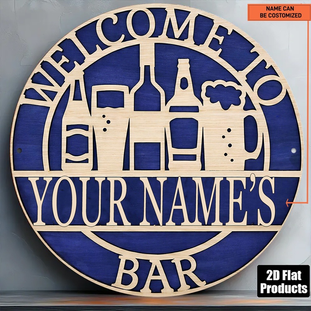 Wine Beer Name - [2D Flat] ป้ายไม้ทรงกลมแบบเจาะรูพร้อมชื่อที่กำหนดเอง 1 ชิ้น สำหรับตกแต่งผนัง