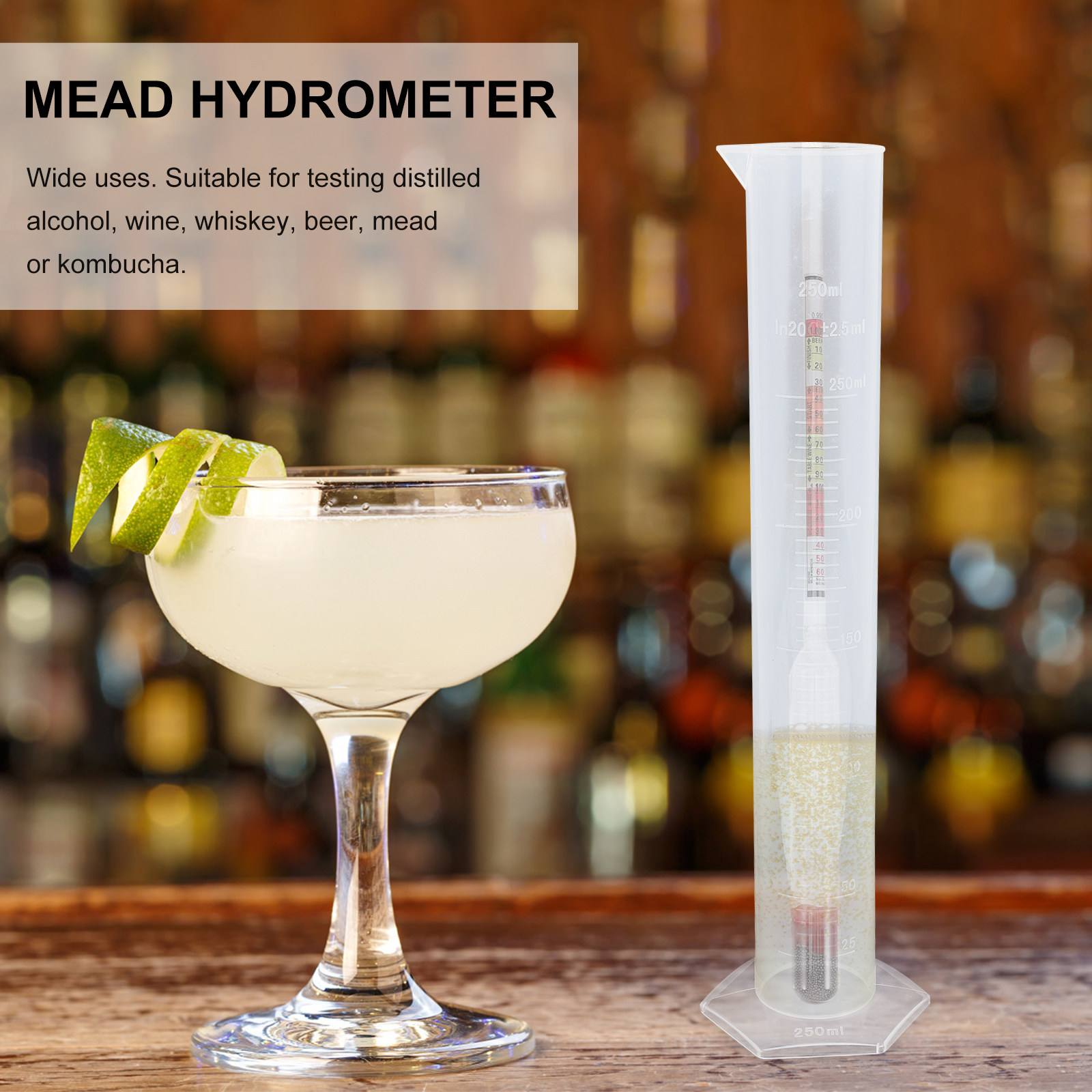 Wine Beer And Mead - ชุดไฮโดรมิเตอร์แบบสามสเกลพร้อมขวดทดสอบสำหรับไวน์ เบียร์ วิสกี้ มี้ด คอมบูชา เหล้า